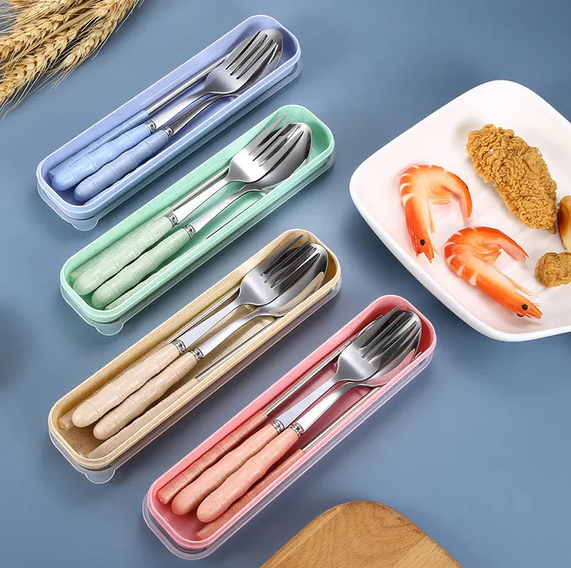 3PCS Stainless Steel Travel Cutlery Set – Fork, Spoon & Chopsticks with Carry Box