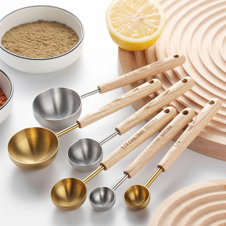 304 Stainless Steel Measuring Spoon with Wooden Handle for Baking
