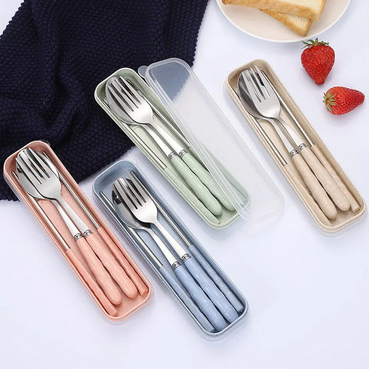 3PCS Stainless Steel Travel Cutlery Set – Fork, Spoon & Chopsticks with Carry Box