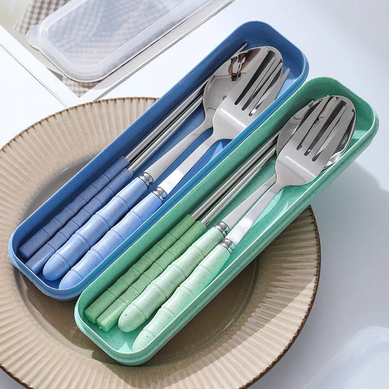 3PCS Stainless Steel Travel Cutlery Set – Fork, Spoon & Chopsticks with Carry Box