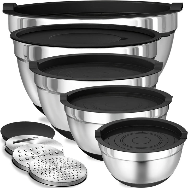 8pcs Stainless Steel Mixing Bowls with Airtight Lids – Black Kitchen Set