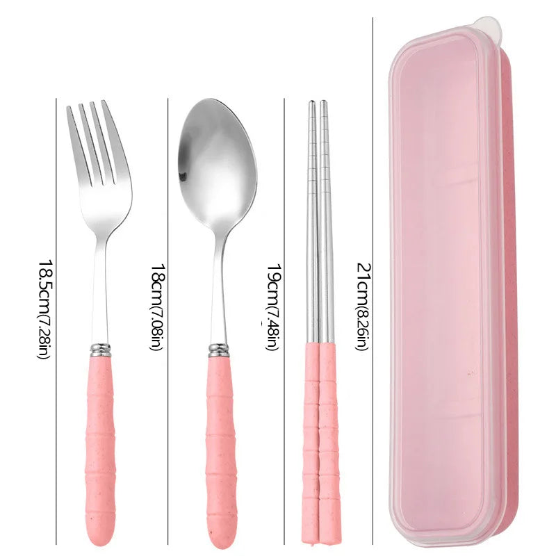 3PCS Stainless Steel Travel Cutlery Set – Fork, Spoon & Chopsticks with Carry Box