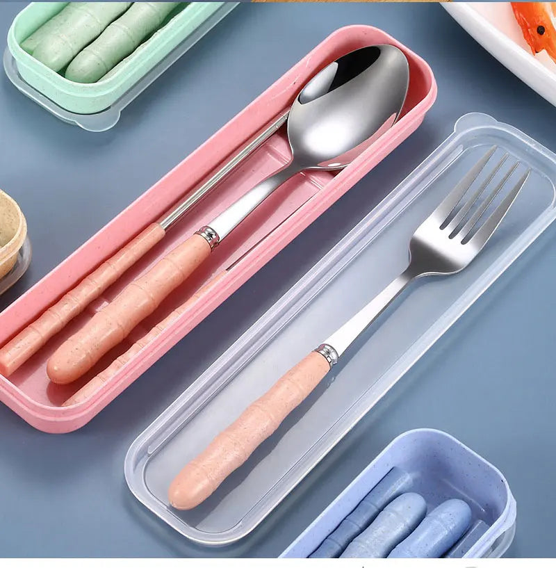 3PCS Stainless Steel Travel Cutlery Set – Fork, Spoon & Chopsticks with Carry Box