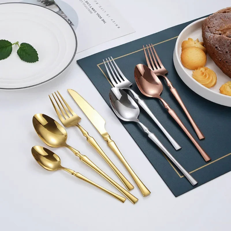 20/30/40-Piece Stainless Steel Dinnerware Set with Bamboo Handle