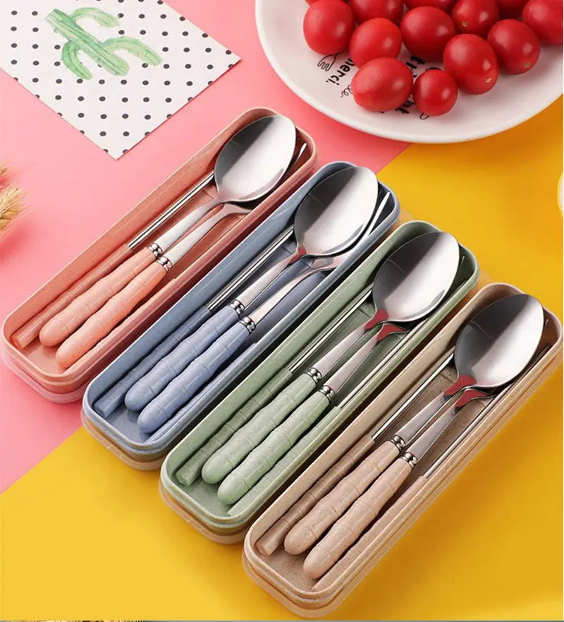 3PCS Stainless Steel Travel Cutlery Set – Fork, Spoon & Chopsticks with Carry Box