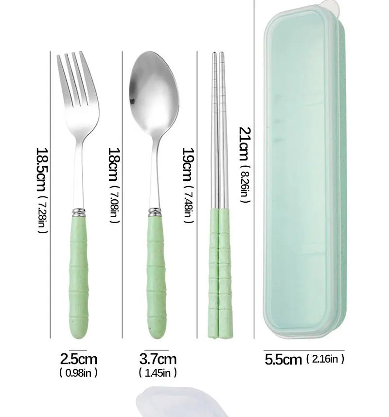 3PCS Stainless Steel Travel Cutlery Set – Fork, Spoon & Chopsticks with Carry Box