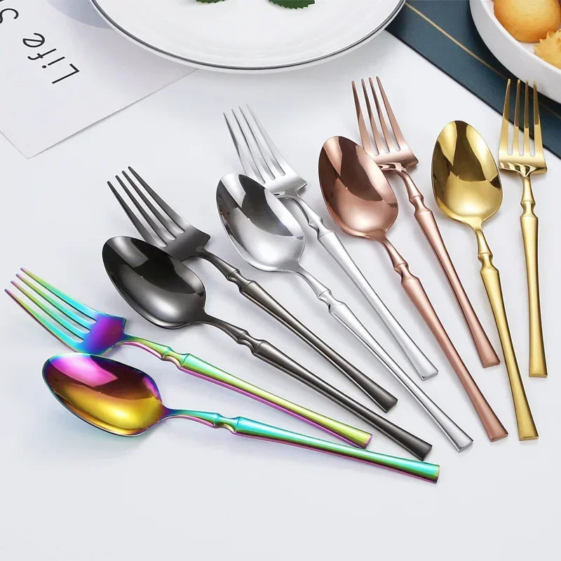 20/30/40-Piece Stainless Steel Dinnerware Set with Bamboo Handle