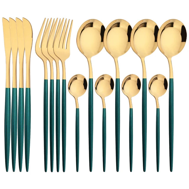 16-Piece Green Gold Stainless Steel Dinnerware Set – Knife, Fork, Spoon